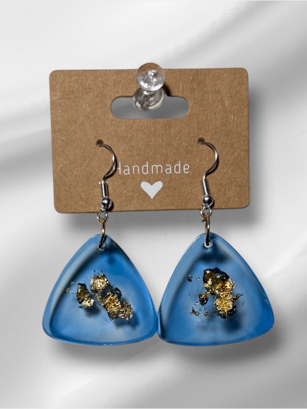 Handmade Blue Resin Triangle Earrings with Gold Leaf
